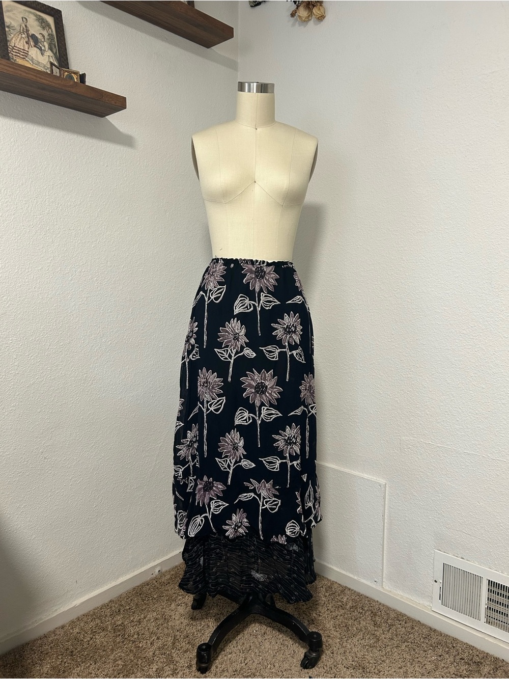 Floral Print Black Maxi Skirt